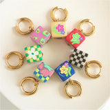 Colorful Print Metal Ear Hoops Small Daisy Cherry Plaid Earring