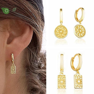 925 Silver Geometric Round Square Pendant Hoop Earrings for Women