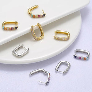 Geometric Rectangle Hoop Earrings CZ Crystal Small Women Jewelry VE639