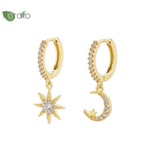 Colorful Enamel Moon Stud Earrings & Sun Pendant Hoop Set