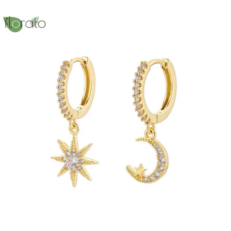 Colorful Enamel Moon Stud Earrings & Sun Pendant Hoop Set
