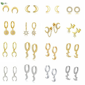 Colorful Enamel Moon Stud Earrings & Sun Pendant Hoop Set
