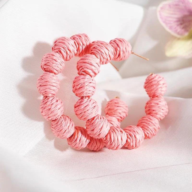Colorful Rattan Knit Ball Hoop Earrings for Women