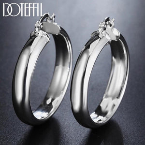 925 Silver 35mm Circle Smooth Hoop Earrings Women Lady Gift