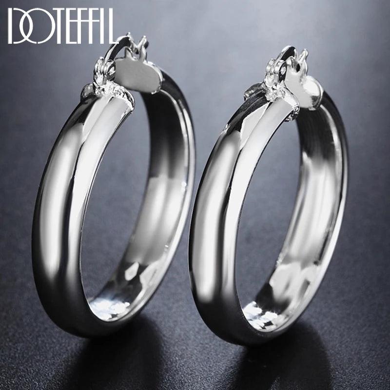 925 Silver 35mm Circle Smooth Hoop Earrings Women Lady Gift