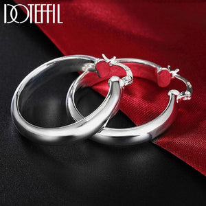 925 Silver 35mm Circle Smooth Hoop Earrings Women Lady Gift