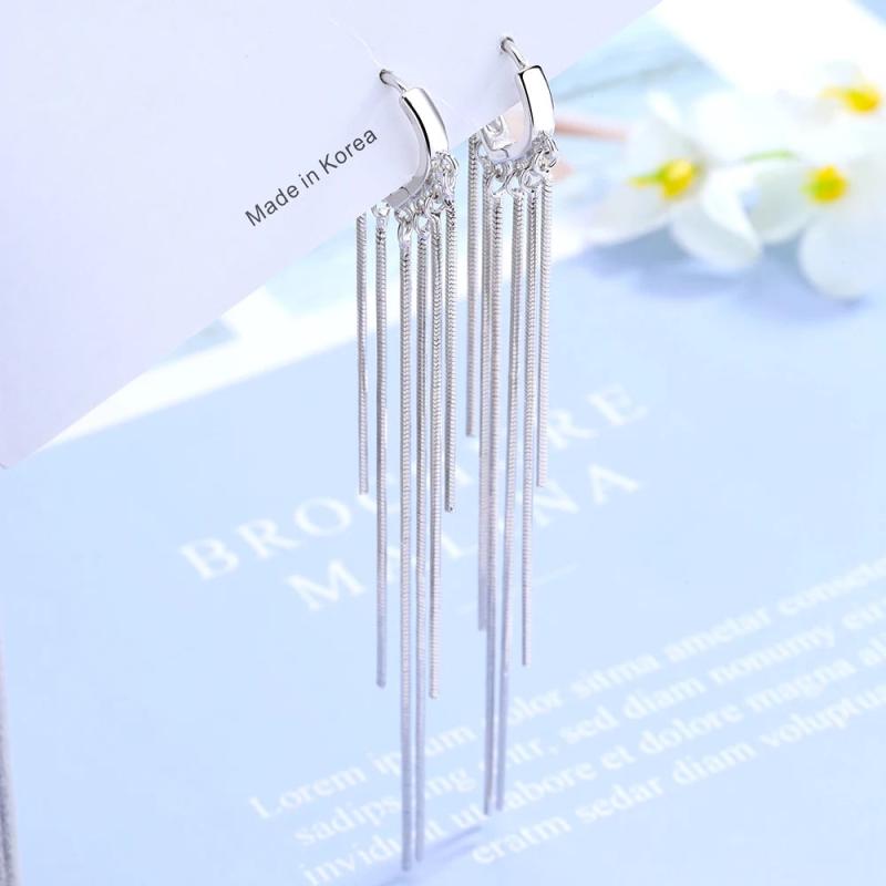 925 Silver Heart Hoop Earrings Tassel Chain Oorbellen Aretes Creole Wedding