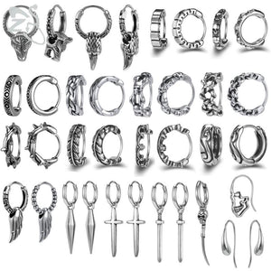 Punk Stainless Steel Hoop Earrings Skull Cross Wings Tiger Dangle Rock Vintage