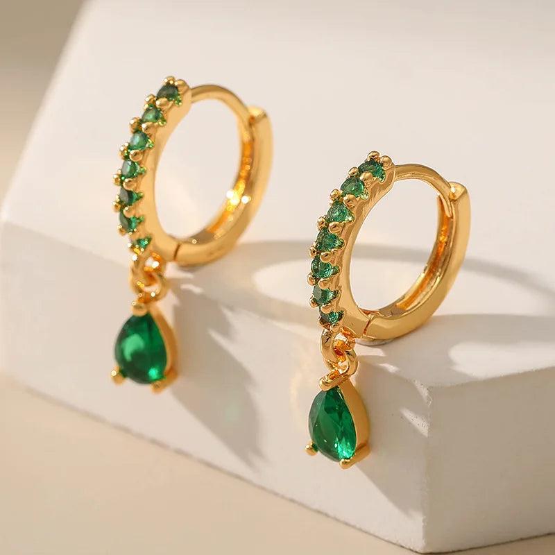 Multicolor Zircon Water Drop Hoop Earrings Stainless Steel Piercing Jewelry