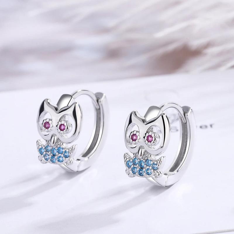 925 Silver Crystal Owl Hoop Earrings For Women FQL21469