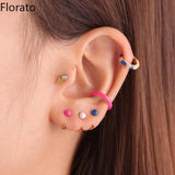 925 Silver Enamel Hoop Ear Buckles C Shape Stud Earrings