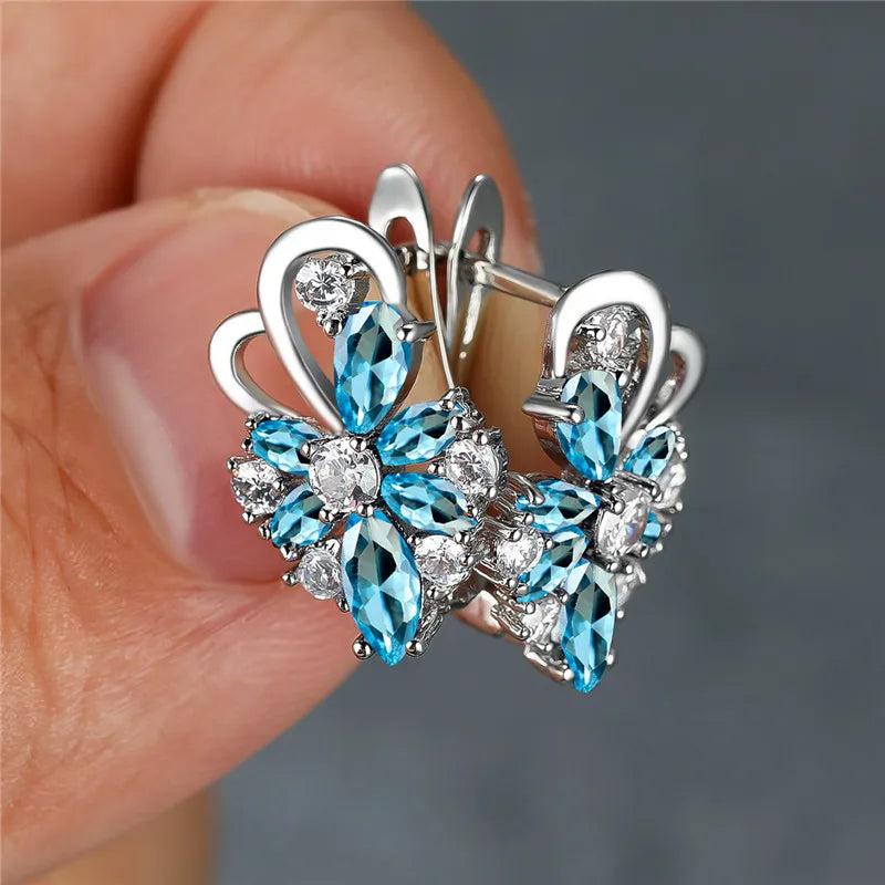 Boho Butterfly Hoop Earrings Crystal Stone Silver Bridal Party