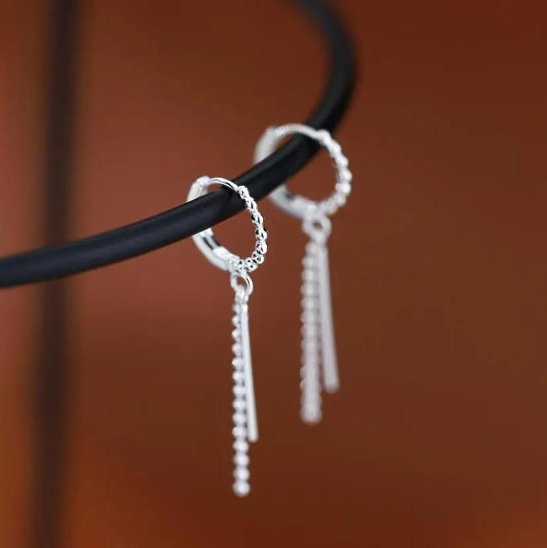925 Silver Zircon Tassels Bar Earrings Round Temperament Women Gift