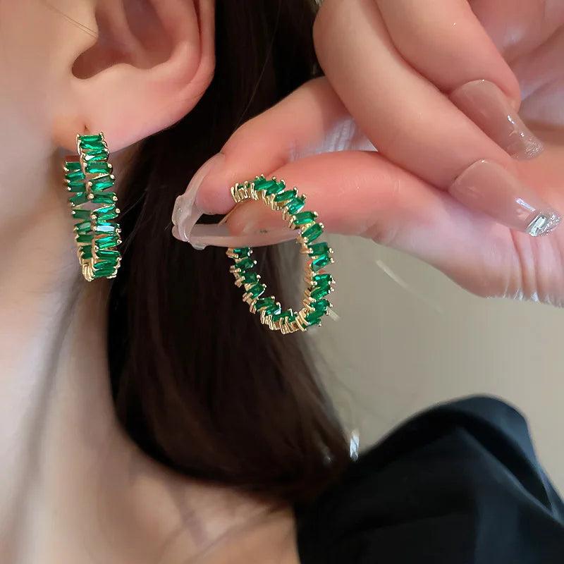 High Inlay CZ Hoop Earrings Green Zircon Crystal Women's Jewelry
