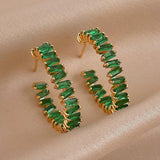 High Inlay CZ Hoop Earrings Green Zircon Crystal Women's Jewelry