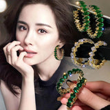 High Inlay CZ Hoop Earrings Green Zircon Crystal Women's Jewelry