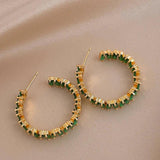 High Inlay CZ Hoop Earrings Green Zircon Crystal Women's Jewelry