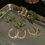 High Inlay CZ Hoop Earrings Green Zircon Crystal Women's Jewelry