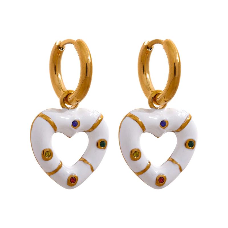 Pink Enamel Heart Drop Hoop Earrings Zircon Charm Jewelry