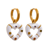 Pink Enamel Heart Drop Hoop Earrings Zircon Charm Jewelry