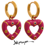 Pink Enamel Heart Drop Hoop Earrings Zircon Charm Jewelry