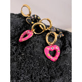 Pink Enamel Heart Drop Hoop Earrings Zircon Charm Jewelry
