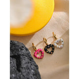 Pink Enamel Heart Drop Hoop Earrings Zircon Charm Jewelry