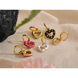 Pink Enamel Heart Drop Hoop Earrings Zircon Charm Jewelry