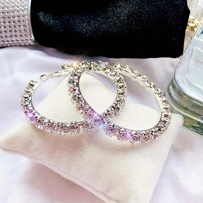 925 Silver Needle Hoop Earrings Cubic Zircon Bling Female Jewelry