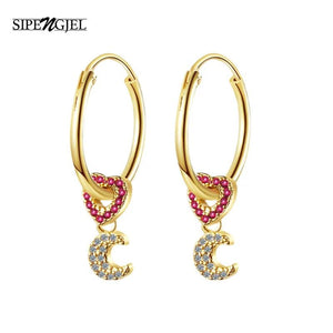 Crescent Heart Small Circle Hoop Earrings Moon Dangle Drop Earrings