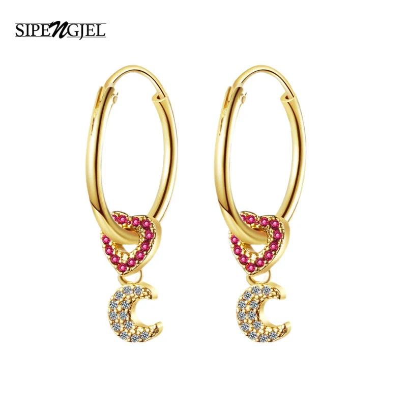 Crescent Heart Small Circle Hoop Earrings Moon Dangle Drop Earrings