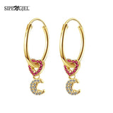 Crescent Heart Small Circle Hoop Earrings Moon Dangle Drop Earrings