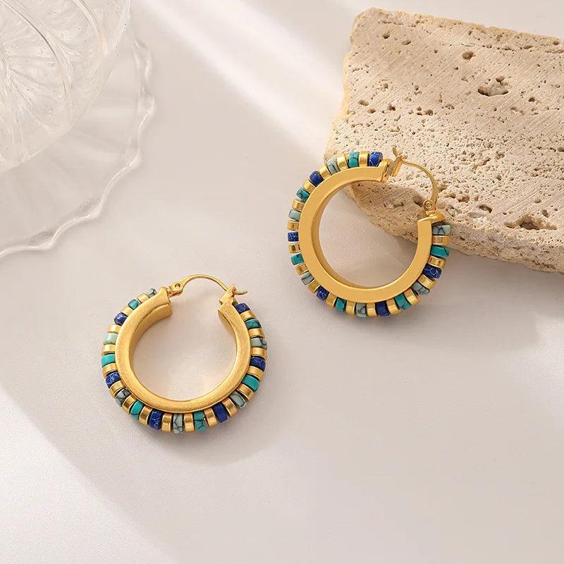 Retro Green Stones Earrings Hot Brass Hoop Earrings For Women
