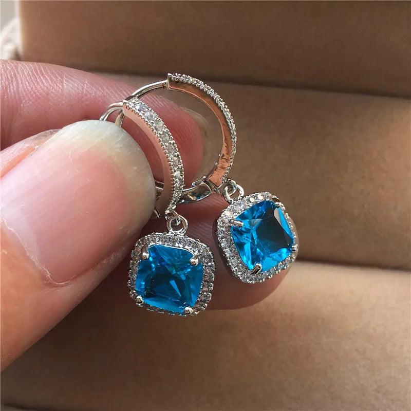 Pink Zircon Stone Square Hoop Earrings - Silver Wedding Jewelry
