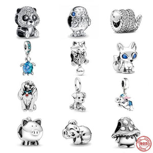 925 Silver Dog Dangle Sea Turtle Pendant Charm Panda Chick Bead Bracelet Jewelry