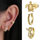 S925 Sterling Silver Zircon Turtle Star Moon Stud Earrings