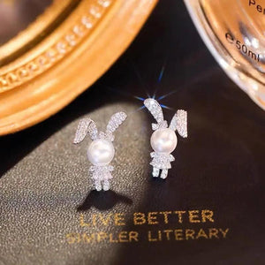 Rabbit Pearl Inlay 925 Silver Stud Earrings Charm Jewelry