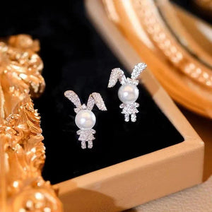 Rabbit Pearl Inlay 925 Silver Stud Earrings Charm Jewelry