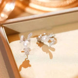 Rabbit Pearl Inlay 925 Silver Stud Earrings Charm Jewelry
