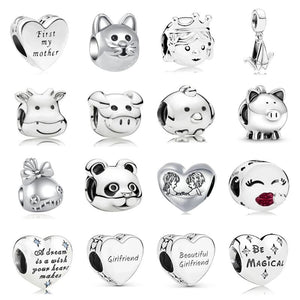 925 Silver Cat Dog Pig Heart Dangle Charms for Bracelet