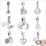 925 Silver Nurse Bear Crown Heart Bead Charm Bracelet DIY Jewelry