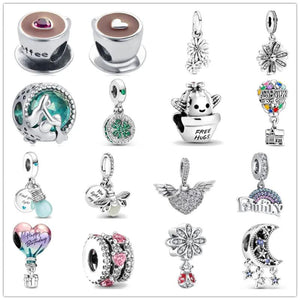 925 Silver Coffee Cup Cactus Daisies Balloon Charm Bead Fit Bracelet
