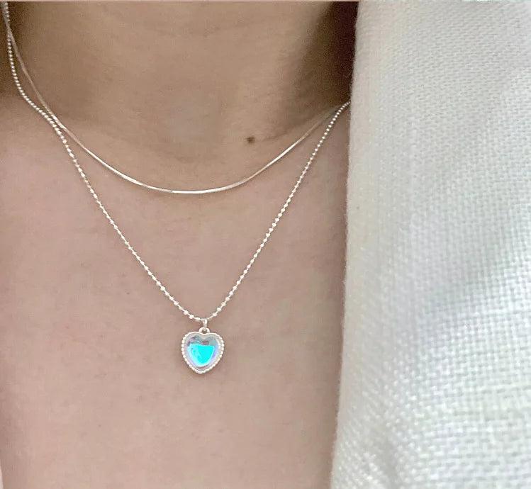 925 Silver Boho Double Snake Bone Bead Chain Heart Necklace for Women
