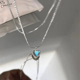 925 Silver Boho Double Snake Bone Bead Chain Heart Necklace for Women