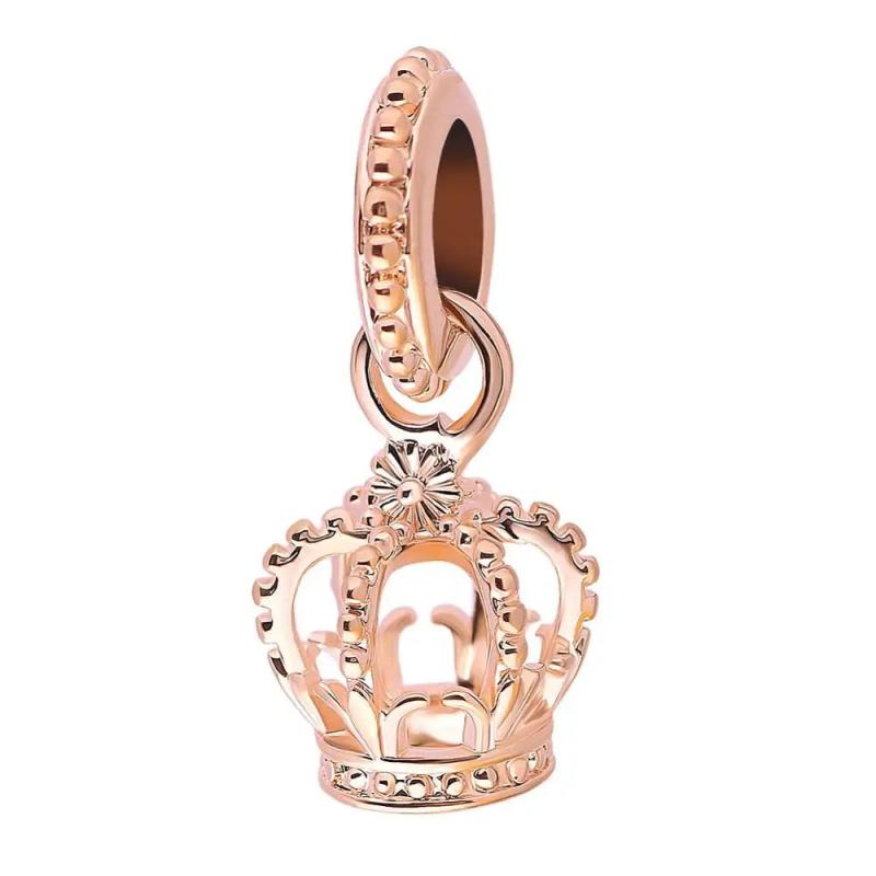 Pink Sparkling Crown Rose Bead Pendant Charms Silver 925 Bracelet Necklace