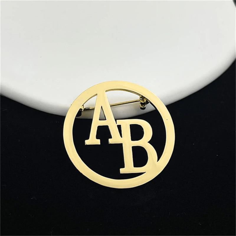 Personalized Name Initials Round Brooch Stainless Steel Jewelry