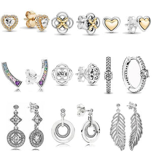 925 Silver Rose Petals Golden Heart Feathers Earring