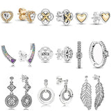 925 Silver Rose Petals Golden Heart Feathers Earring