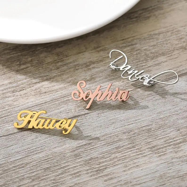 Name Brooch Pin Personality Stainless Steel Chain Nameplate Badges For Men