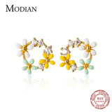 Enamel 3 Flower Studs 925 Silver CZ Earrings